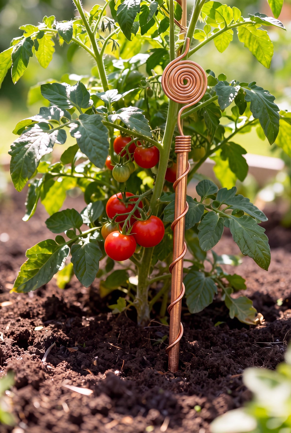 Kopero Elektrocultuur 30 cm koperen antenne bij een tomatenplant in de moestuin