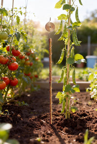 Kopero Elektrocultuur 60 cm koperen antenne tussen tomaten en bonen in de moestuin
