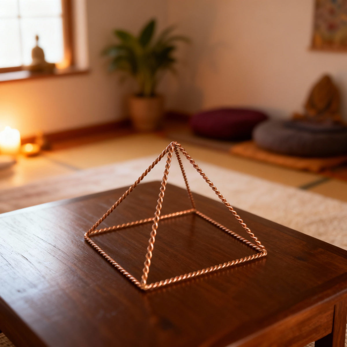 Kopero Koperen Piramide Energizer Gedraaid Klein (14,56 cm) op een salontafel in een meditatieruimte